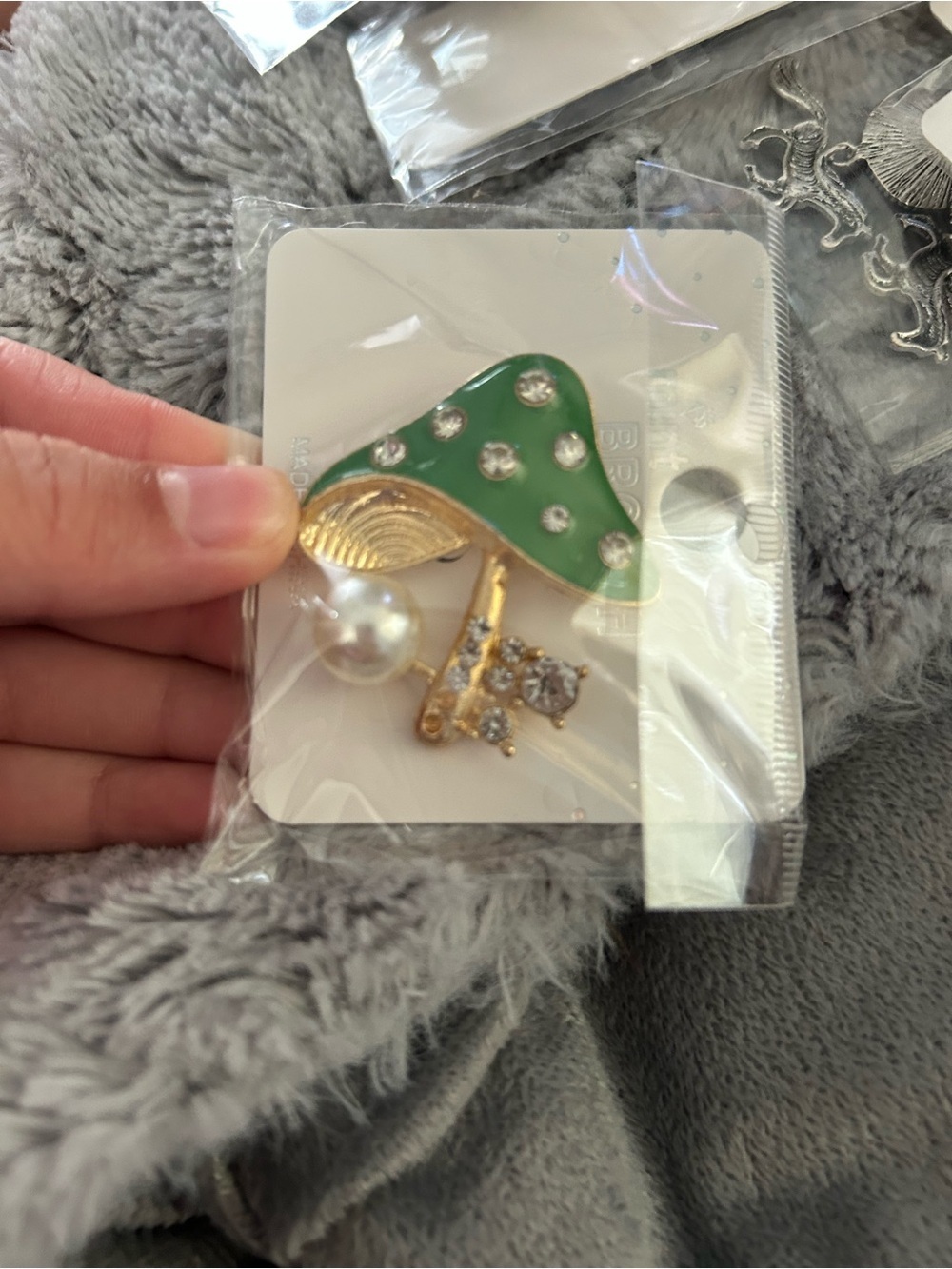 4/$50 Green Enamel Mushroom Brooch with Pearl and Rhinestones - Women Accessorie